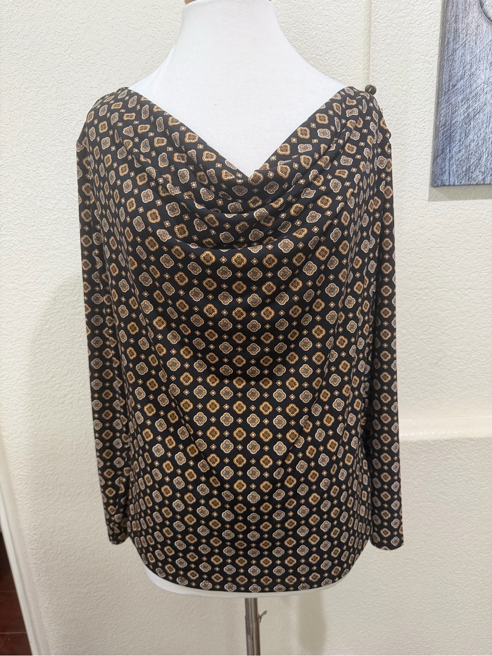 Michael Kors Black and Tan Geometric Cowl-Neck Long Sleeve Top